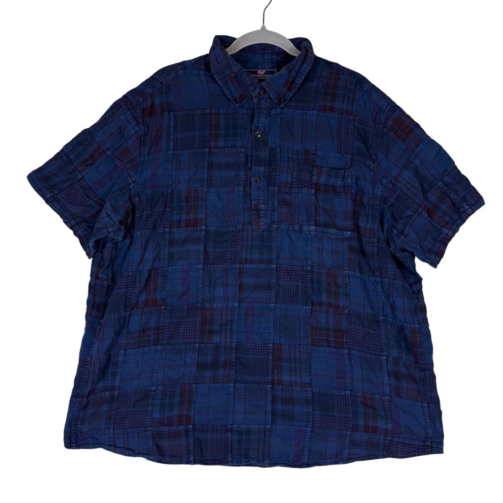 Vineyard Vines Shirt Mens 2XL Blue Patchwork Plaid Short Sleeve Button Front